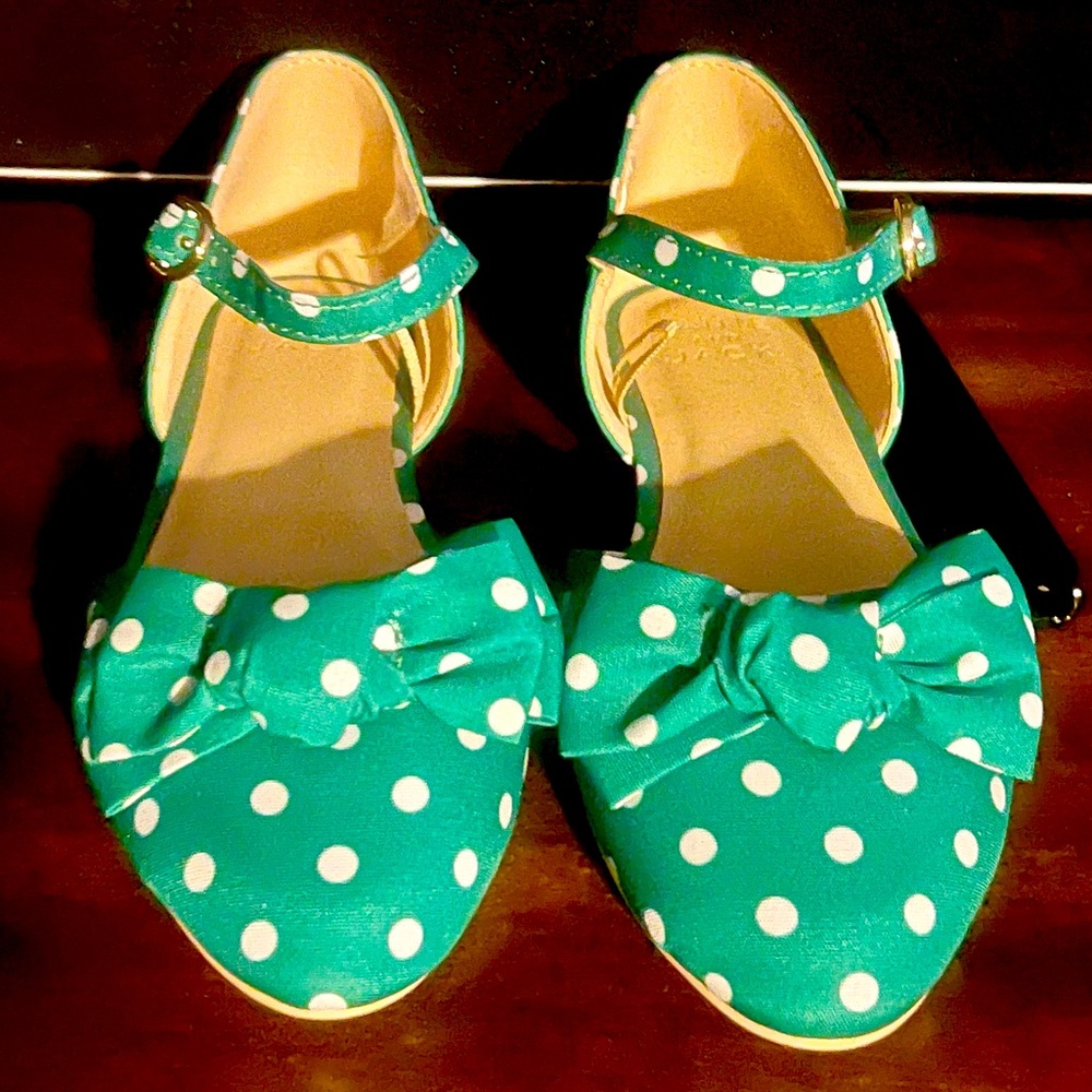 Janie and Jack, DOT BOW FLATS, green and white, size 11